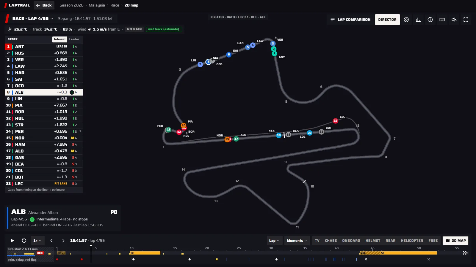 The 2D map of Sepang on lap 4 of the race: every car as a numbered dot on the circuit, the timing tower on the left and the race timeline below